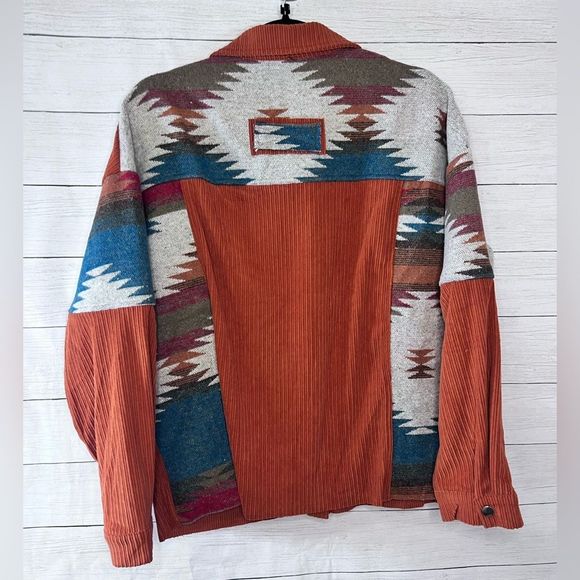 Boutique Brand Brown Button Down Aztec Patchwork Corduroy Jackets Front Pockets - Picture 6 of 9